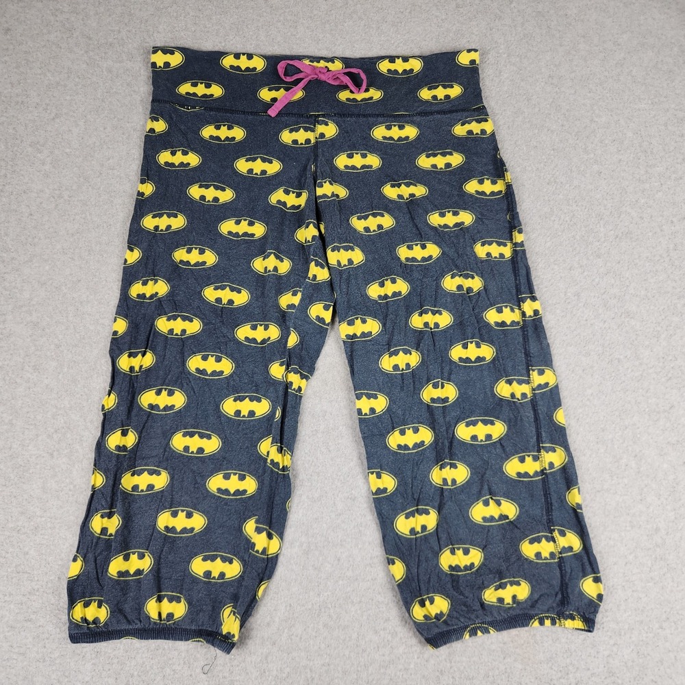 Batgirl Pajama Pants Womens Large Gray Cotton Batman Logo Print Cropped Lounge